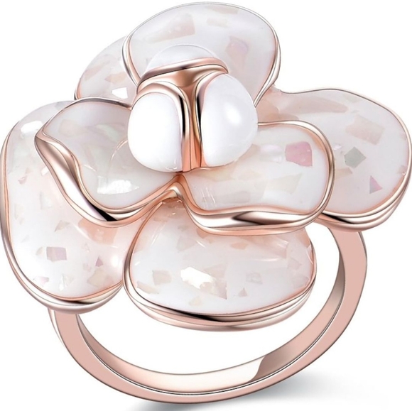 Jewelry - Blooming Flower Statement Ring with Rose Gold Finish and Enamel Petals